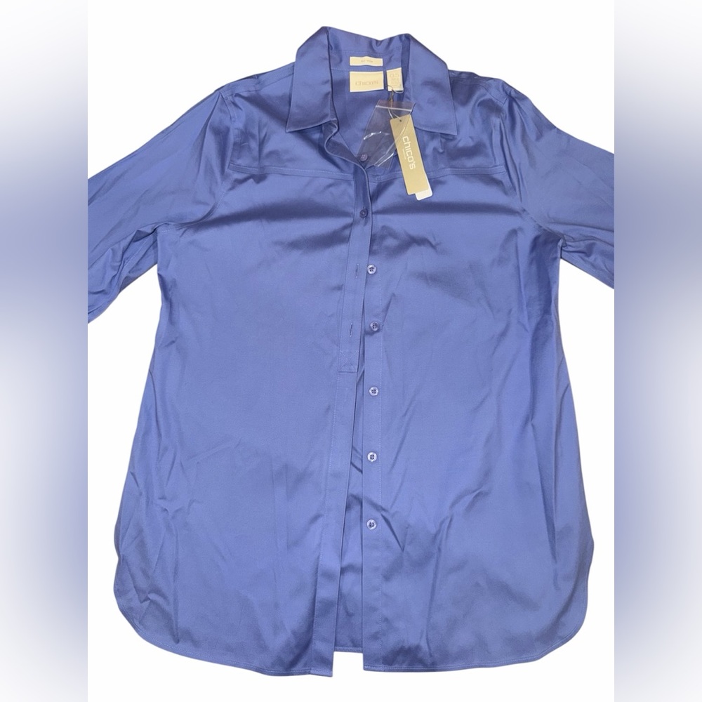 Chico's Blue No-Iron Button-Up Stretch Blouse NWT